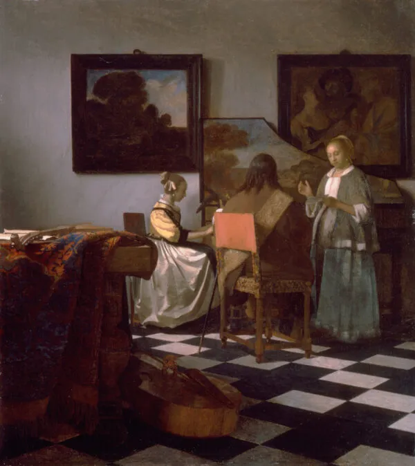 Johannes Vermeer – Das Konzert – das Original um 1664, 1990 aus dem Isabella Stewart Gardner Museum gestohlen – Öl auf Leinwand