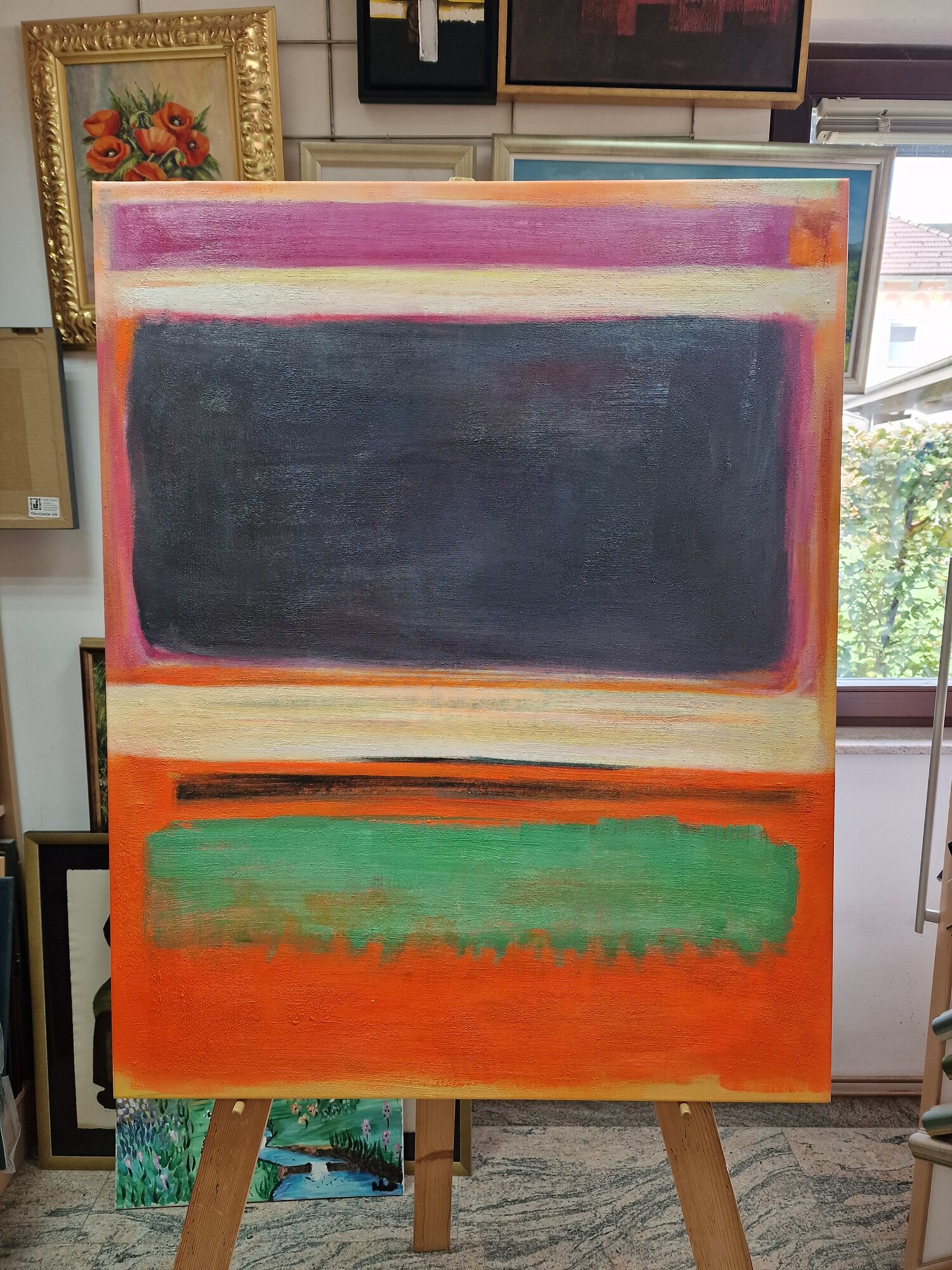 Mark Rothko – Št. 13 – ročno naslikana slika na platnu – fotografija 1 Mark Rothko – N° 13 – tableau peint à la main sur toile, sur un chevalet dans notre atelier d’encadrement en Slovénie, vue de face