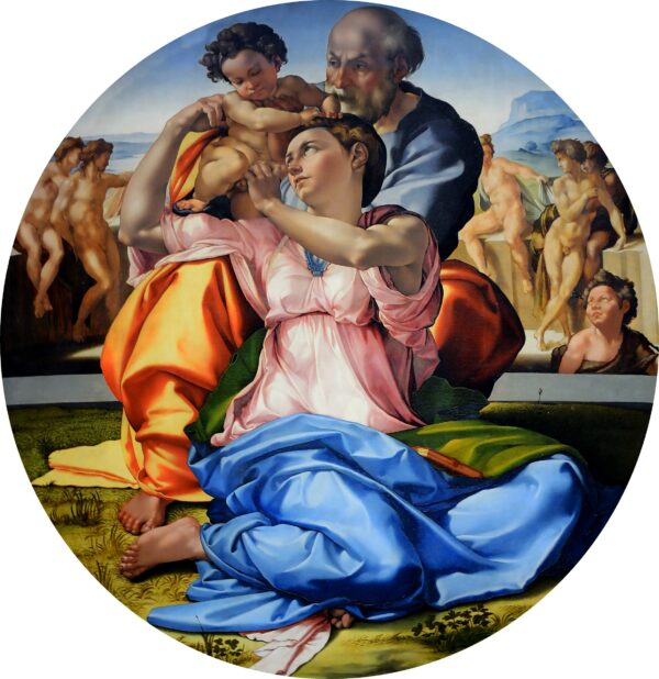 Michelangelo – Die Heilige Familie (Tondo Doni) – das Original von um 1505–1506 in den Uffizien, Florenz – Öl auf Holz