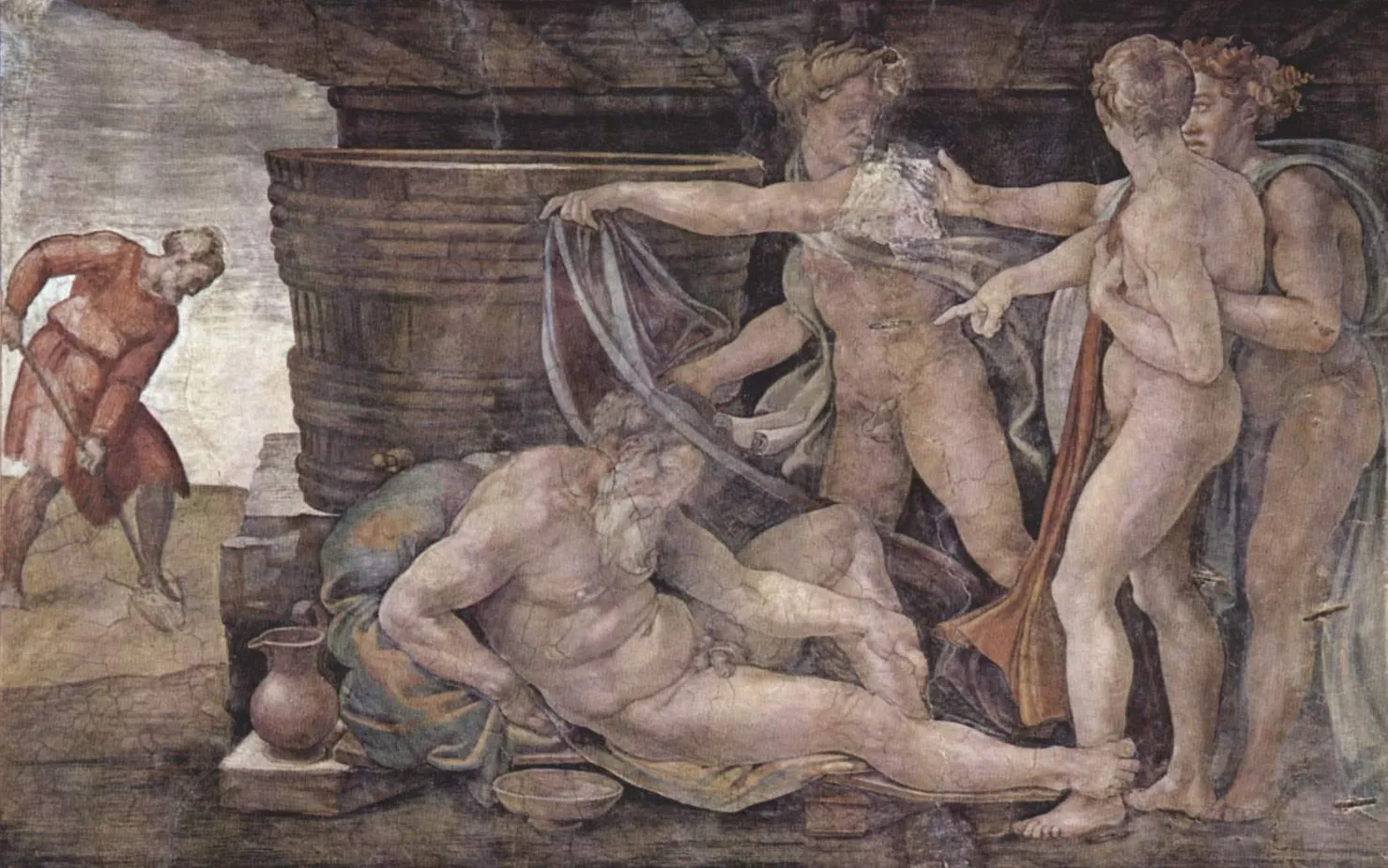 Michelangelo – Noé részegsége – freskó 1509-ből a vatikáni Sixtus-kápolna mennyezetén