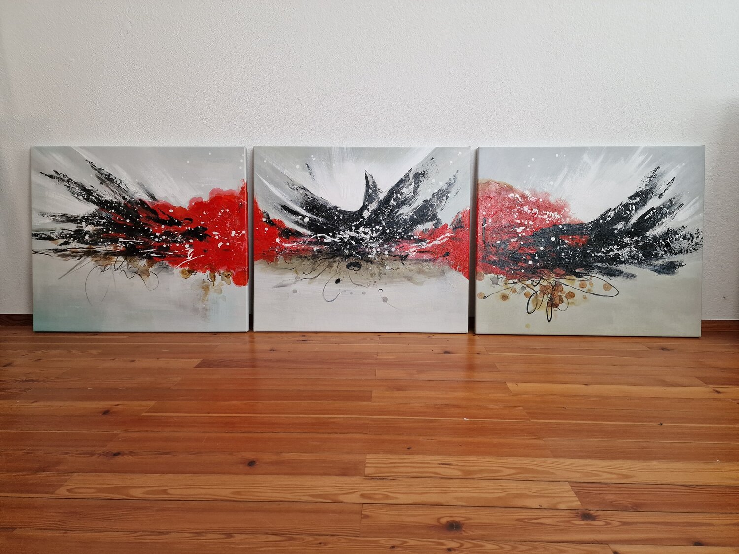 Abstrakte Kunst - Gemälde - Kraft – handgemaltes Gemälde auf Leinwand – Foto 1 Abstrakte Kunst - Gemälde - Kraft – dreiteiliges Gemälde auf Leinwand, drei Teile an die Wand gelehnt