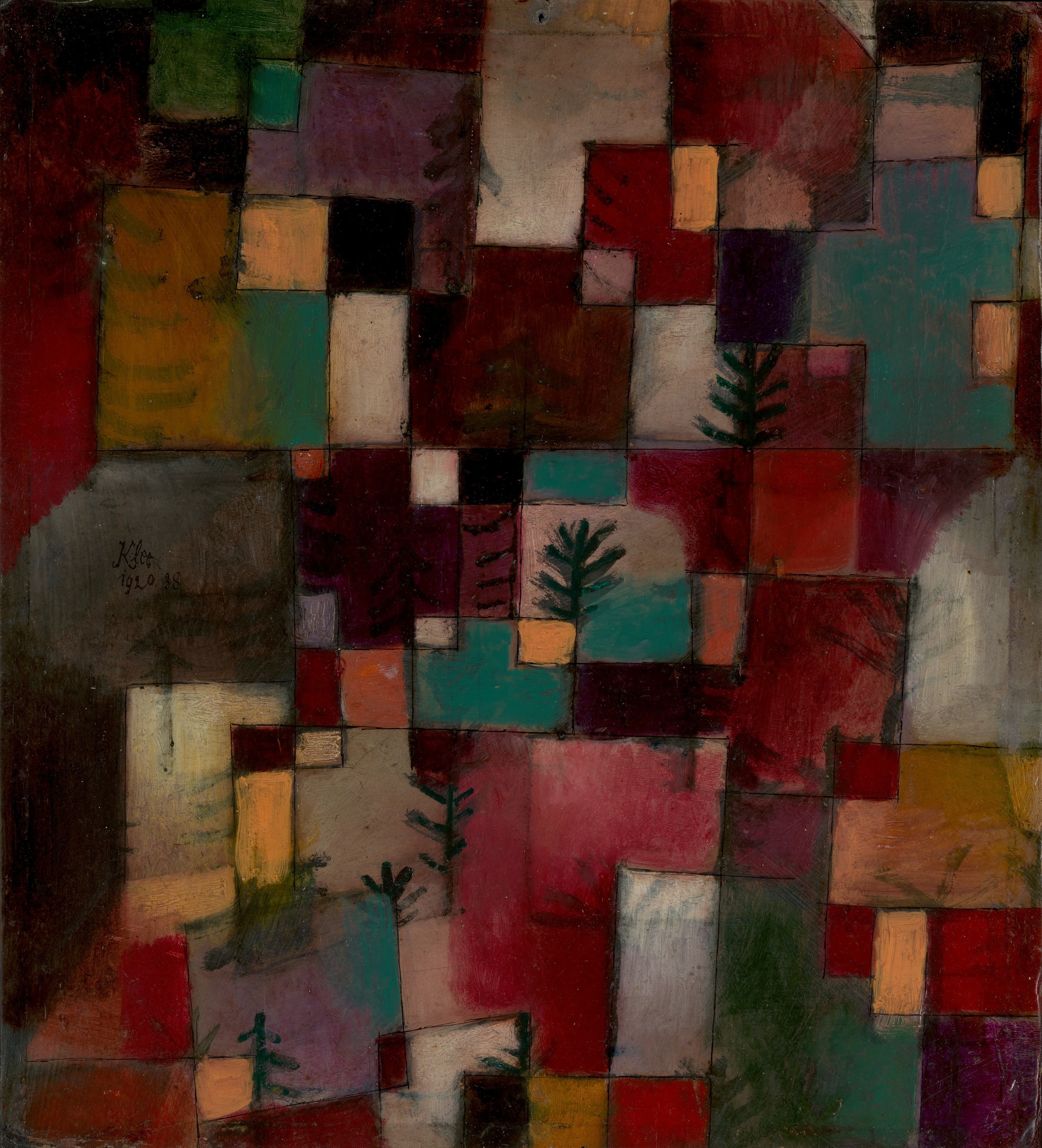 Paul Klee – Crvenozeleni i ljubičasto-žuti ritmovi – ulje i tuš na kartonu iz 1920., Metropolitanski muzej umjetnosti