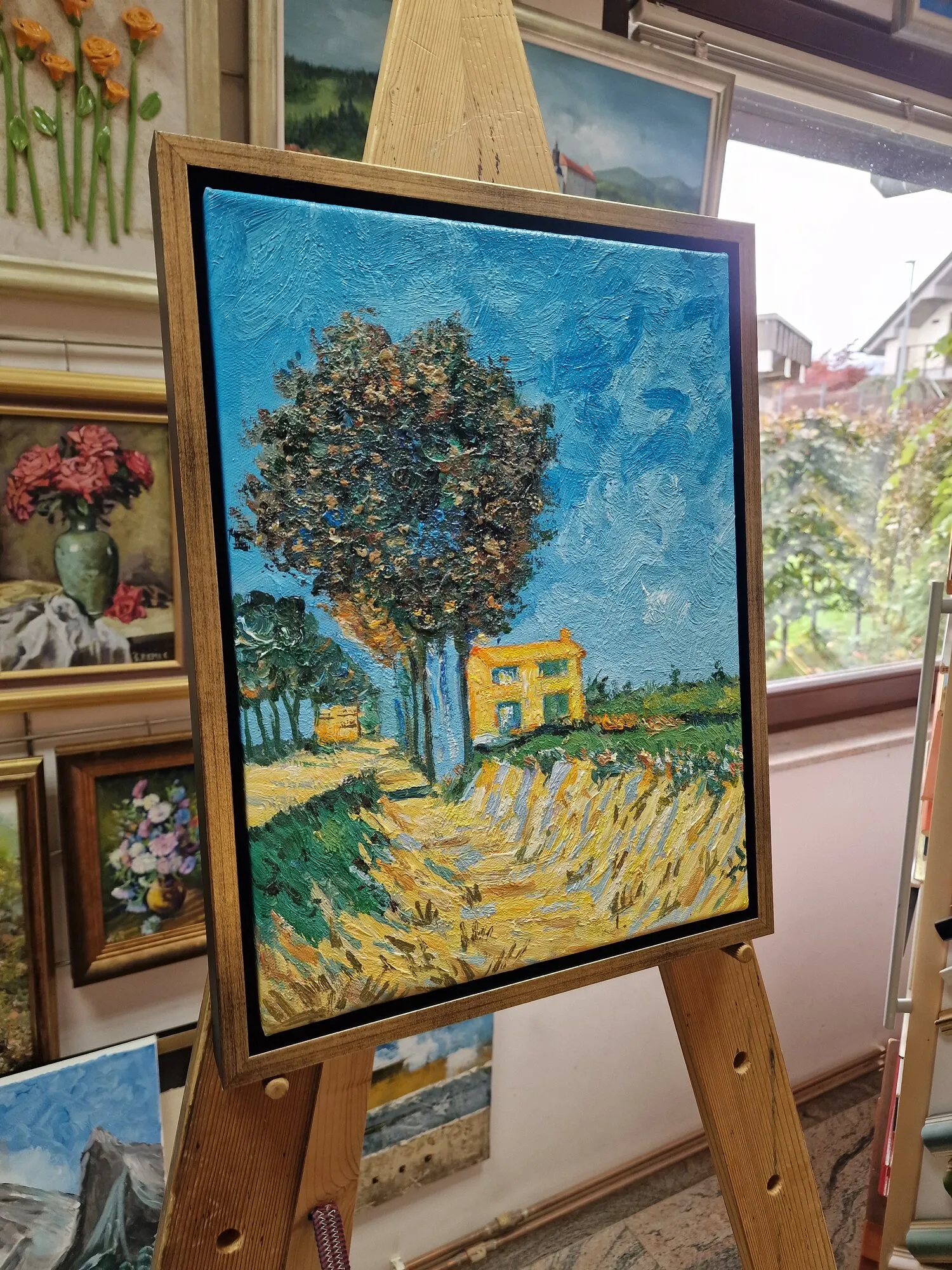 Vincent van Gogh – Cesta pri Arlesu – ročno naslikana slika na platnu – fotografija 2 Vincent van Gogh – Route près d’Arles – tableau sur toile, sur un chevalet, vue de côté, dans un cadre que vous pouvez choisir en option