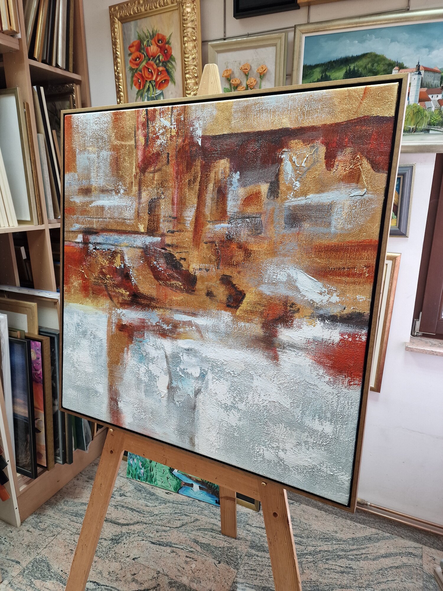 Tableau abstrait – Vieille fresque – tableau sur toile sur le chevalet, vu de l’autre côté – panneau de gauche, dans un cadre au choix en option