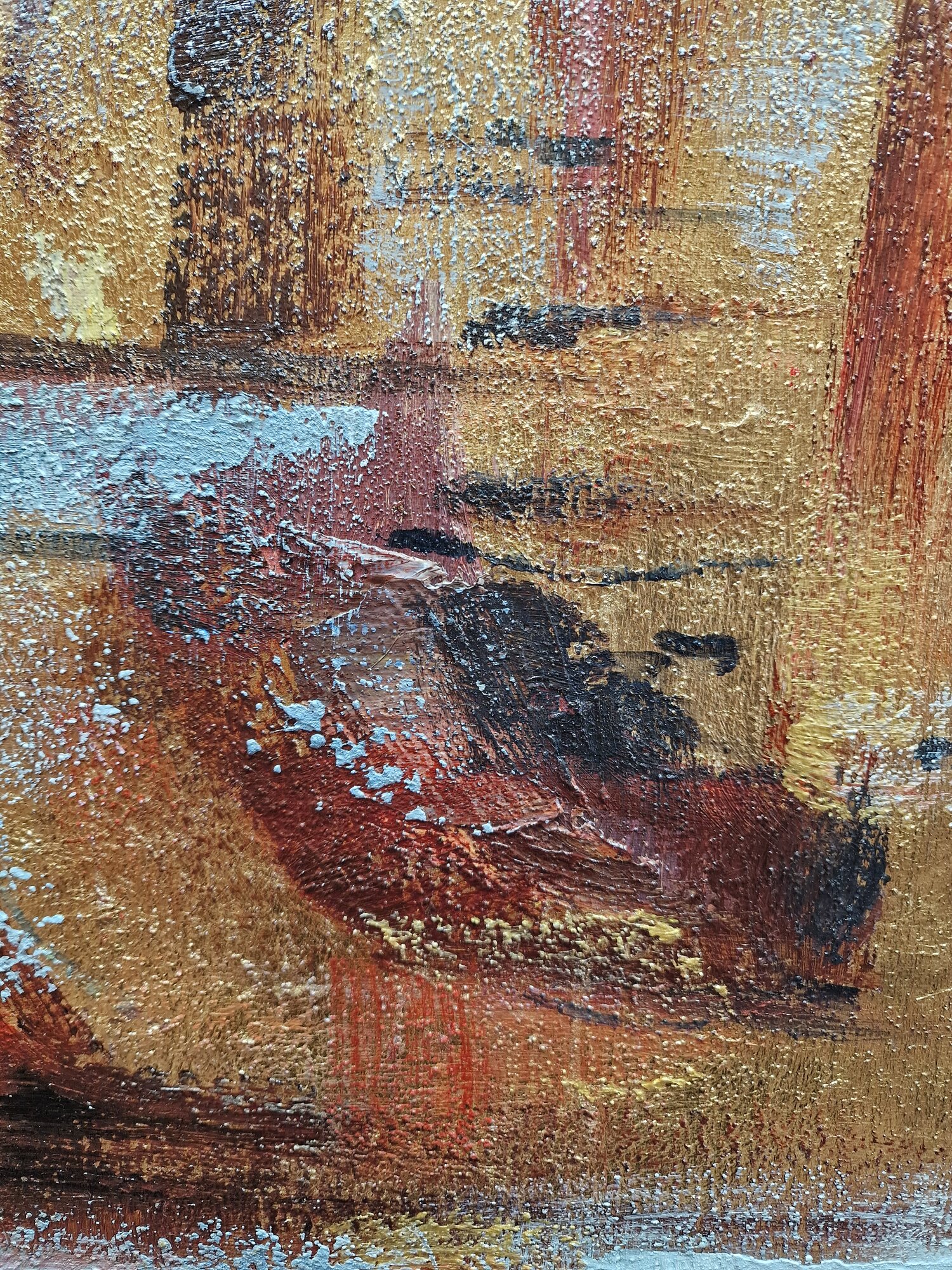 Tableau abstrait – Vieille fresque – gros plan sur les coups de pinceau faits à la main sur la toile – partie gauche
