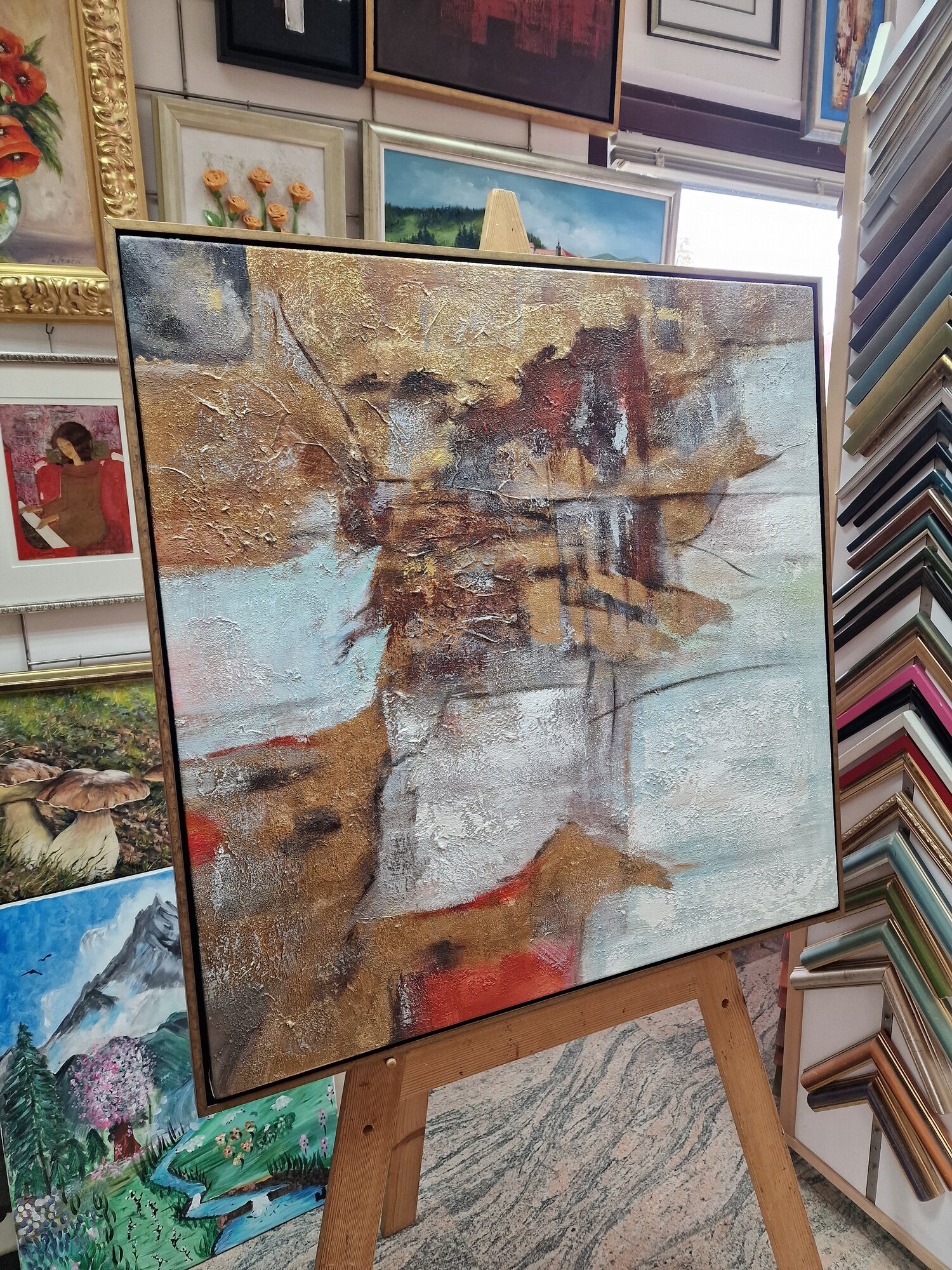Tableau abstrait – Vieille fresque – tableau sur toile sur le chevalet, vu de côté – panneau de droite, dans un cadre au choix en option