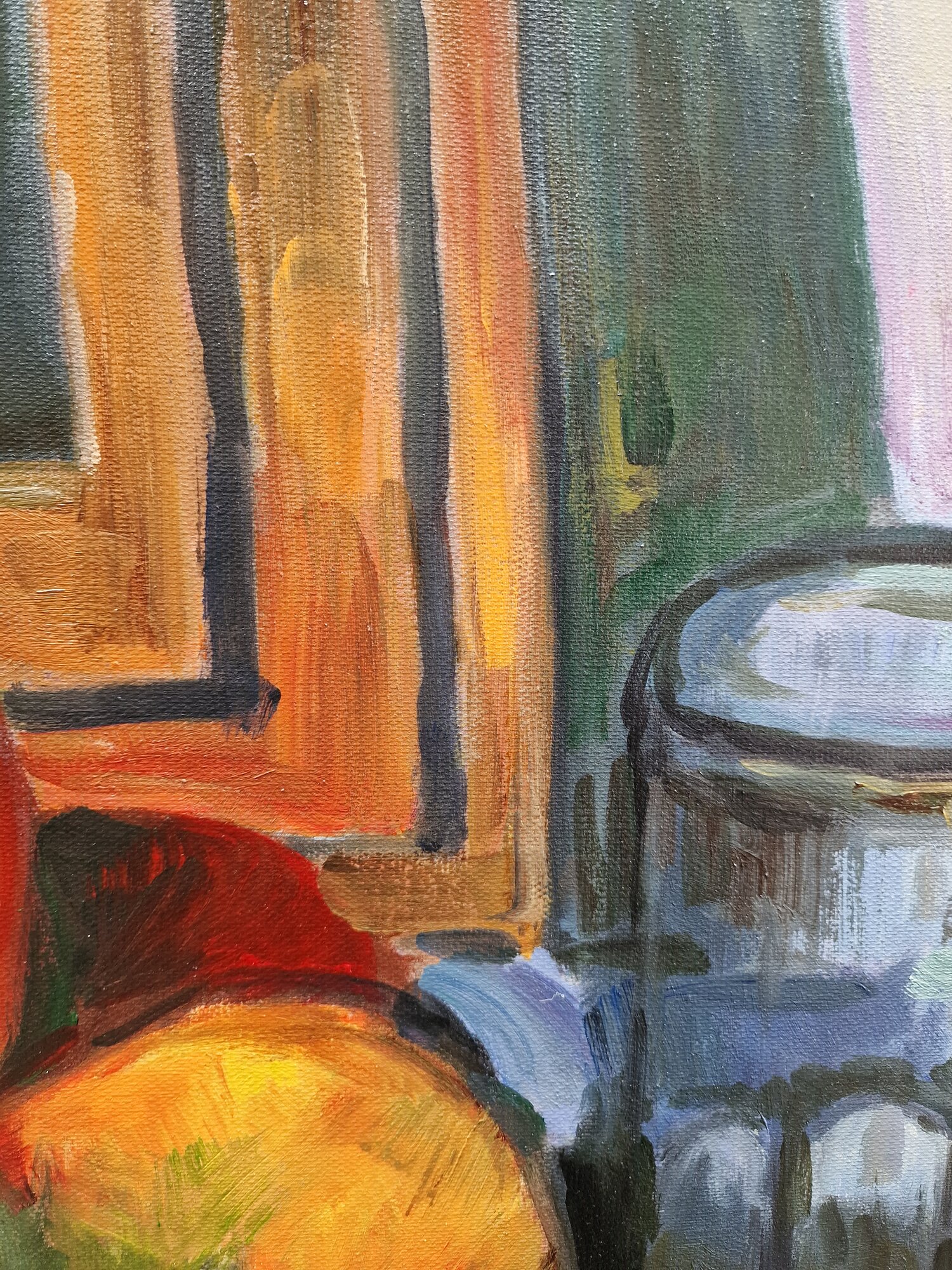 Paul Cézanne – Nature morte au tiroir ouvert – gros plan des touches de pinceau faites à la main sur la toile