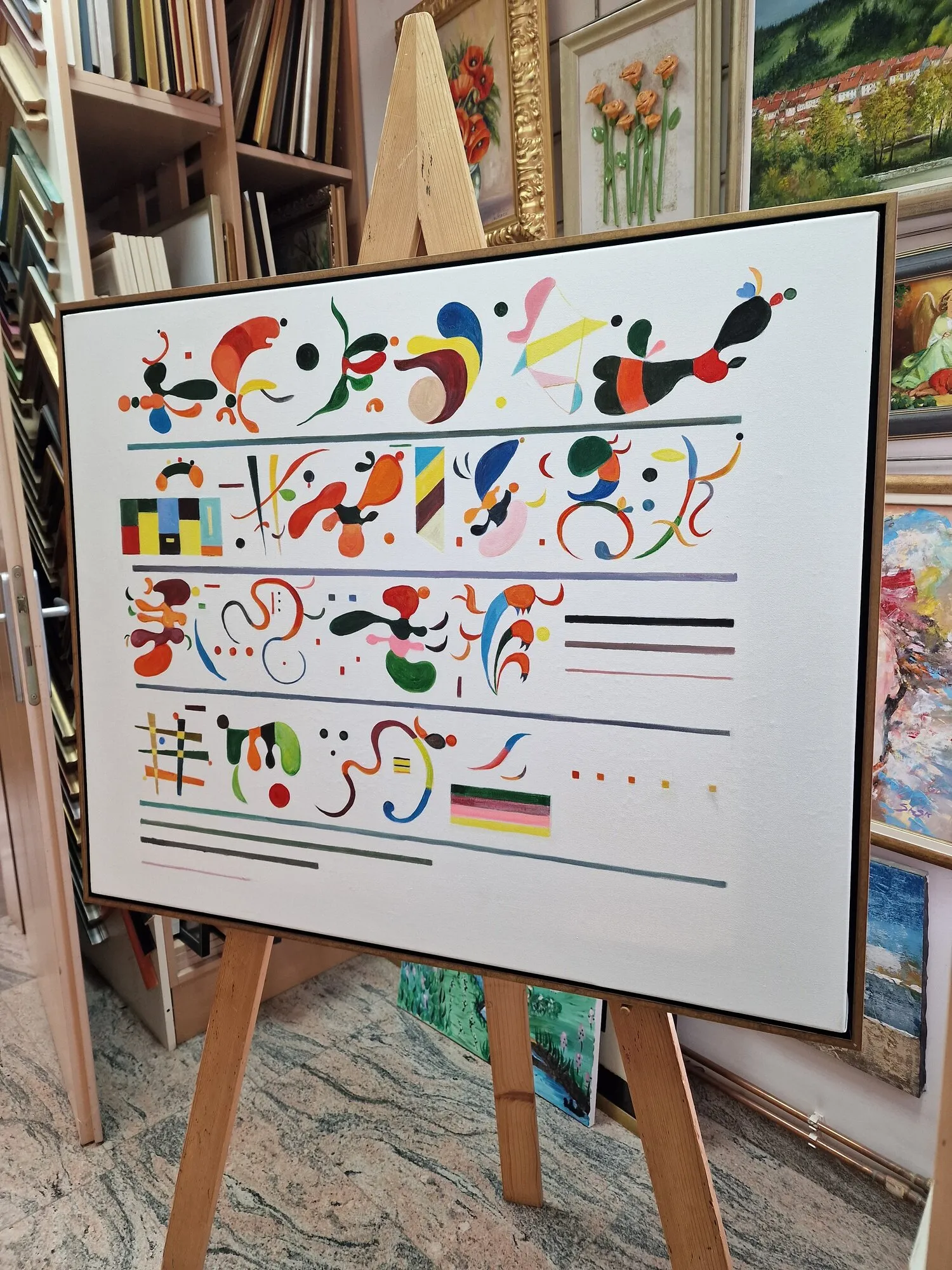 Vasilij Kandinski – Sukcesija – ročno naslikana slika na platnu – fotografija 2 Vasilij Kandinski – Sukcesija – slika na platnu na stojalu, pogled s strani, v okvirju, ki ga lahko izberete kot dodatek