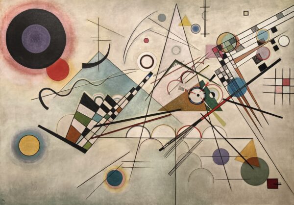Wassily Kandinsky – Composizione VIII: cerchi, triangoli, semicerchi e linee diritte su fondo chiaro, in alto a sinistra un grande cerchio nero – un quadro che dipingiamo a mano a olio su tela.