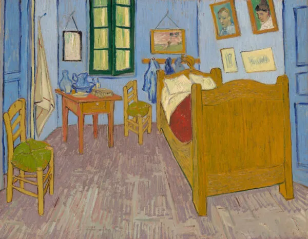 Vincent van Gogh – Schlafzimmer in Arles (dritte Fassung) – das Original von 1889 im Musée d'Orsay, ein Zimmer mit gelbem Bett, zwei Stühlen und Porträts an blauen Wänden – Öl auf Leinwand