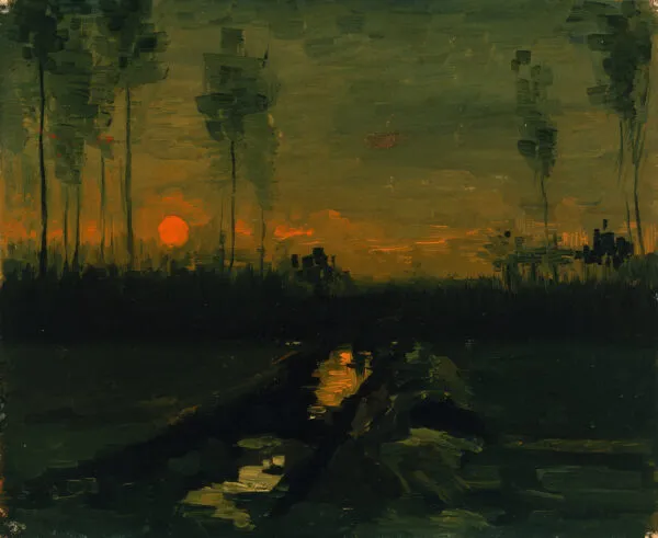 Vincent van Gogh – Večernji krajolik – original iz 1885. u muzeju Thyssen-Bornemisza, jarak preko tamnog polja, visoka stabla i malo crveno sunce nisko na tamnom sivozelenom nebu – ulje na platnu kaširanom na karton