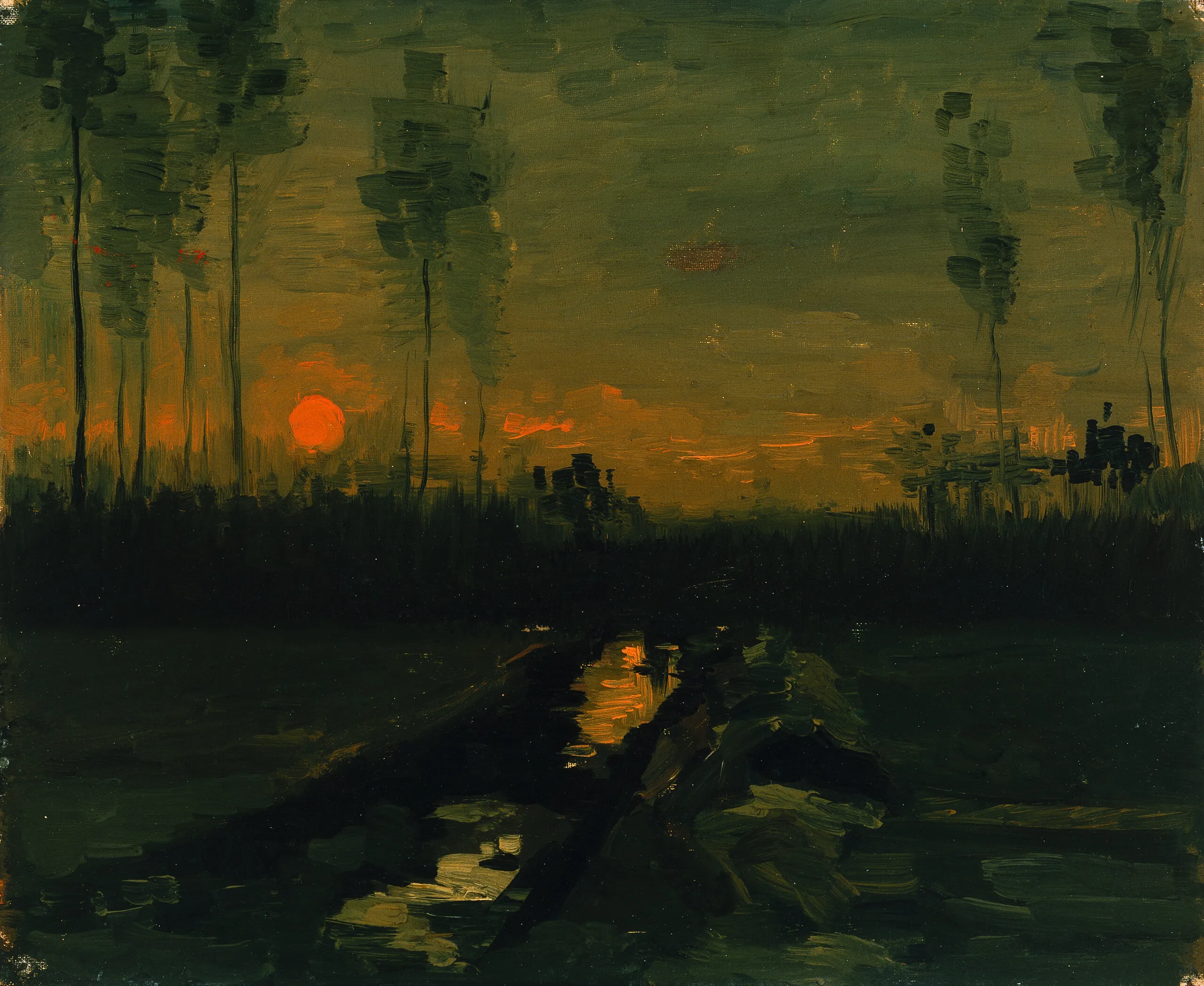 Vincent van Gogh – Večernji krajolik – original iz 1885. u muzeju Thyssen-Bornemisza, jarak preko tamnog polja, visoka stabla i malo crveno sunce nisko na tamnom sivozelenom nebu – ulje na platnu kaširanom na karton