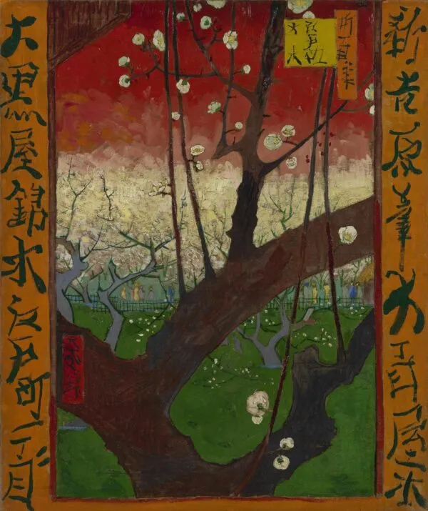 Vincent van Gogh – Blühender Pflaumenbaum (nach Hiroshige) – das Original von 1887, ein blühender Pflaumenbaum vor rotem Himmel mit Rändern aus japanischen Zeichen, Van Gogh Museum, Amsterdam – Öl auf Leinwand