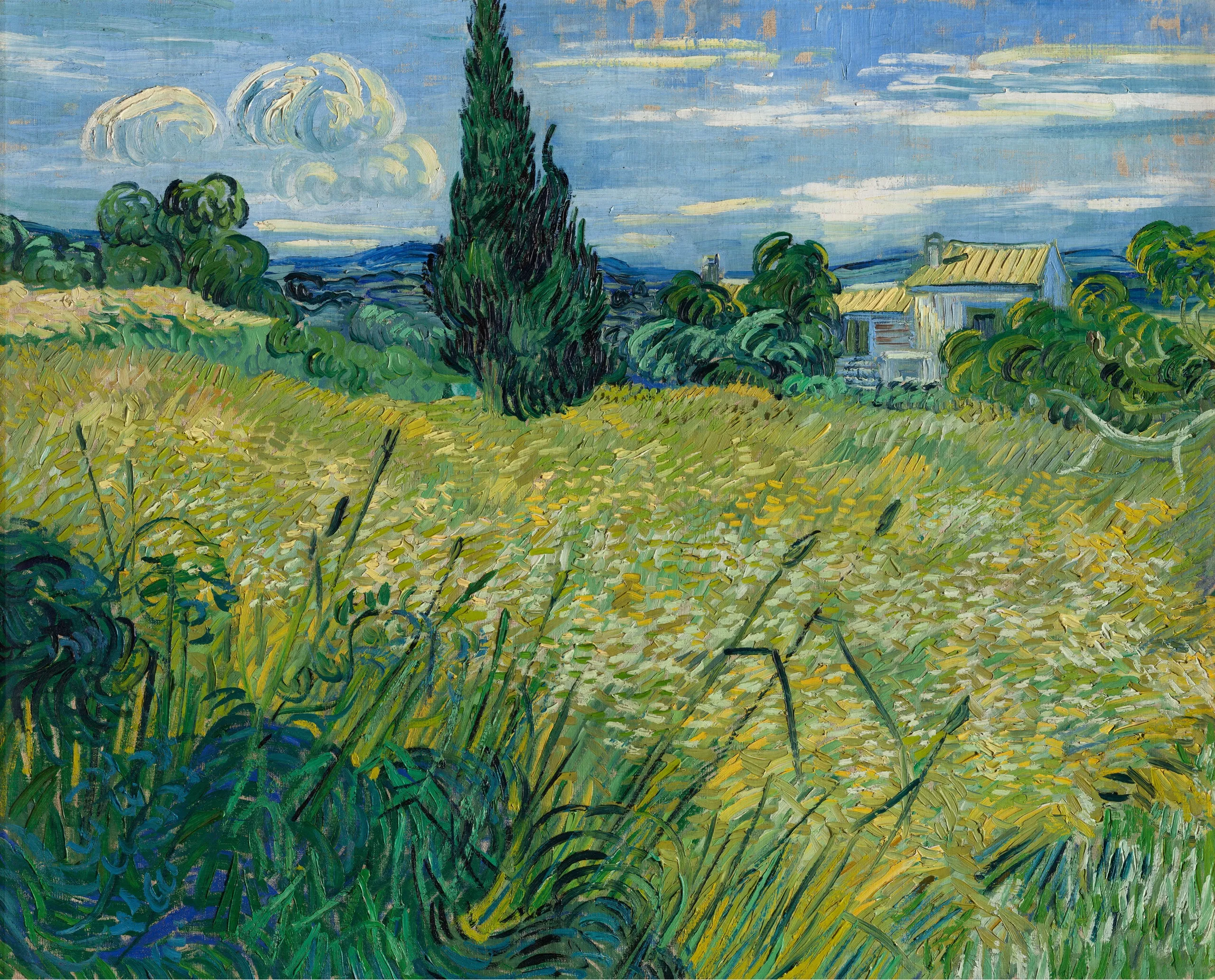 Vincent van Gogh – Green Wheat Field with Cypress – the 1889 original in the National Gallery Prague, a green wheat field, a dark cypress and a white house – oil on canvas
