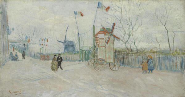 Vincent van Gogh – Utcai jelenet Montmartre-ban – az 1887-es eredeti a Van Gogh Museumban, halvány utca kerekes malommal, zászlókkal és szélmalommal – olaj, vászon