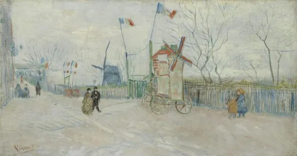 Vincent van Gogh – Ulična scena v Montmartru – izvirnik iz leta 1887 v muzeju Van Gogh Museum, bleda ulica z mlinom na kolesih, zastavami in mlinom – olje na platnu