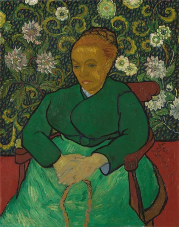Vincent van Gogh – La Berceuse (Augustine Roulin) – die Fassung des Kröller-Müller Museums, eine Frau in Grün in einem roten Lehnstuhl mit einer Schnur in den Händen vor geblümter Tapete – Öl auf Leinwand