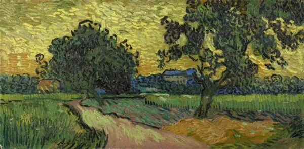 Vincent van Gogh – Krajobraz u sumrak – original iz 1890. u muzeju Van Gogh Museum, dvije tamne kruške pred žutim večernjim nebom – ulje na platnu