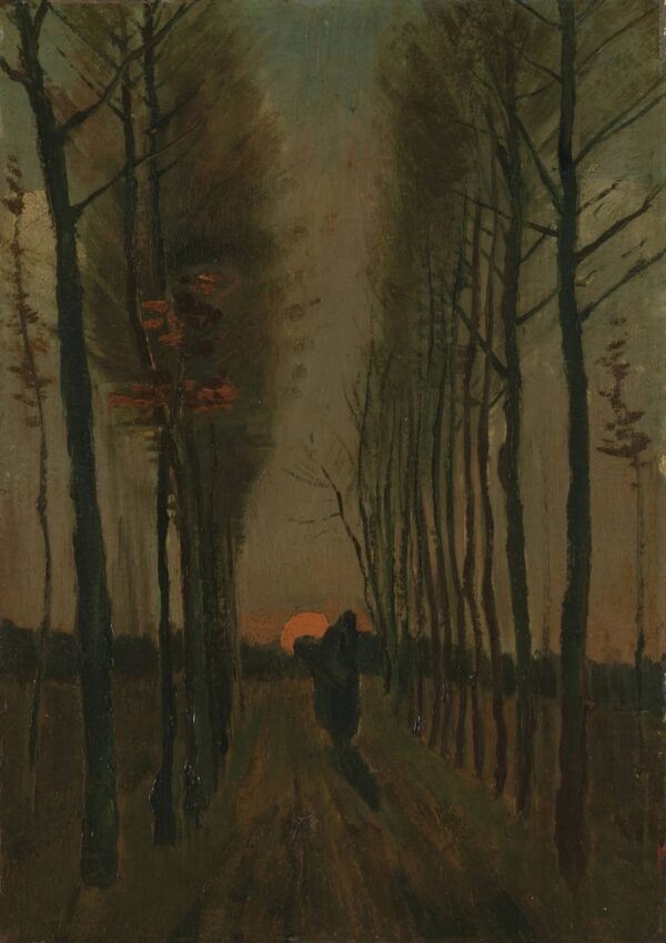 Vincent van Gogh – Aleja topola pri zalasku sunca – original iz 1884. u muzeju Kröller-Müller, cesta između golih topola sa šetačem i suncem na zalasku – ulje na platnu