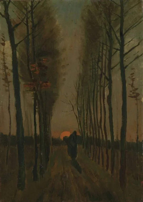 Vincent van Gogh – Aleja topola pri zalasku sunca – original iz 1884. u muzeju Kröller-Müller, cesta između golih topola sa šetačem i suncem na zalasku – ulje na platnu