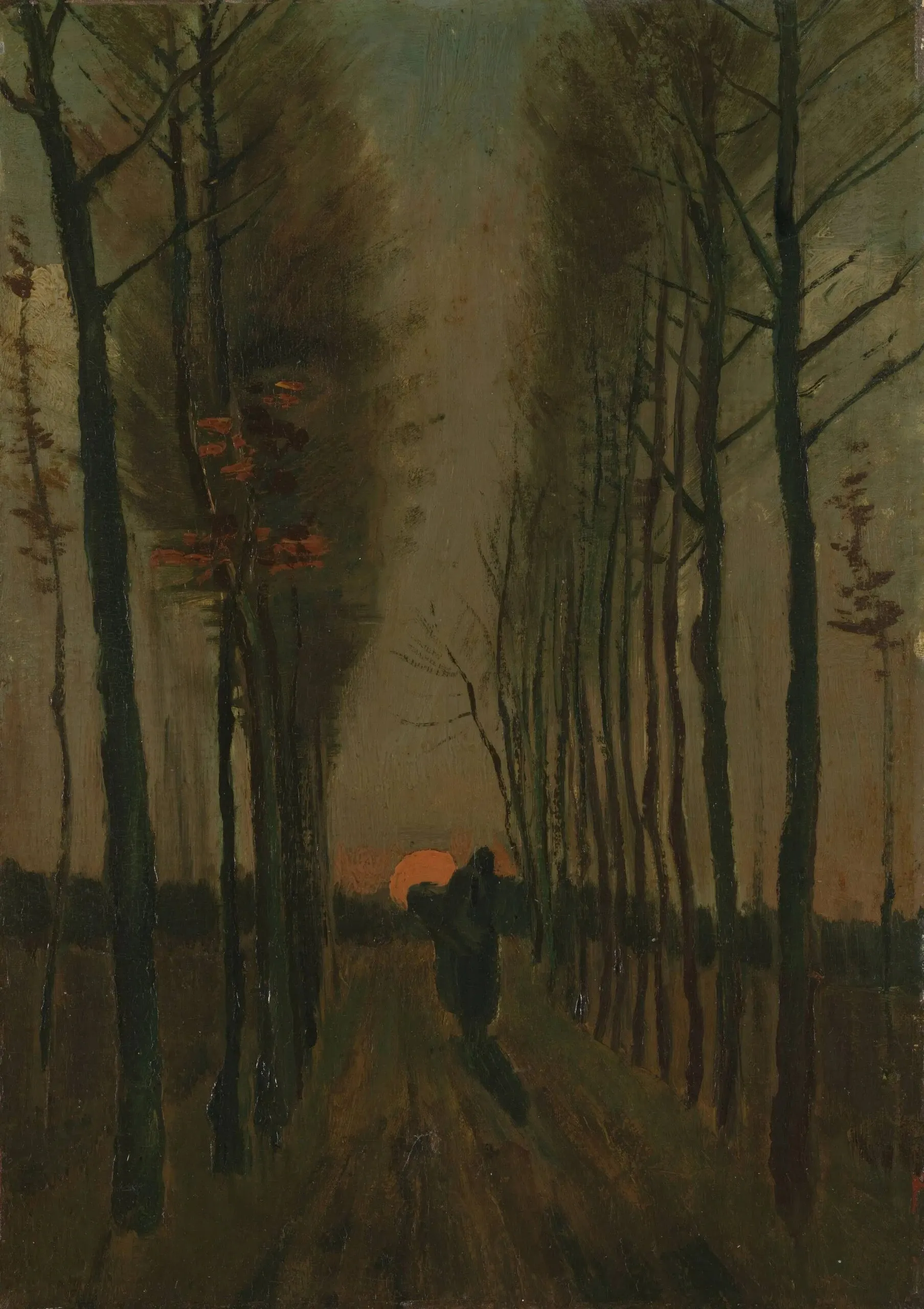 Vincent van Gogh – Lane of Poplars at Sunset – the 1884 original in the Kröller-Müller Museum, a road between bare poplars with a walker and a setting sun – oil on canvas