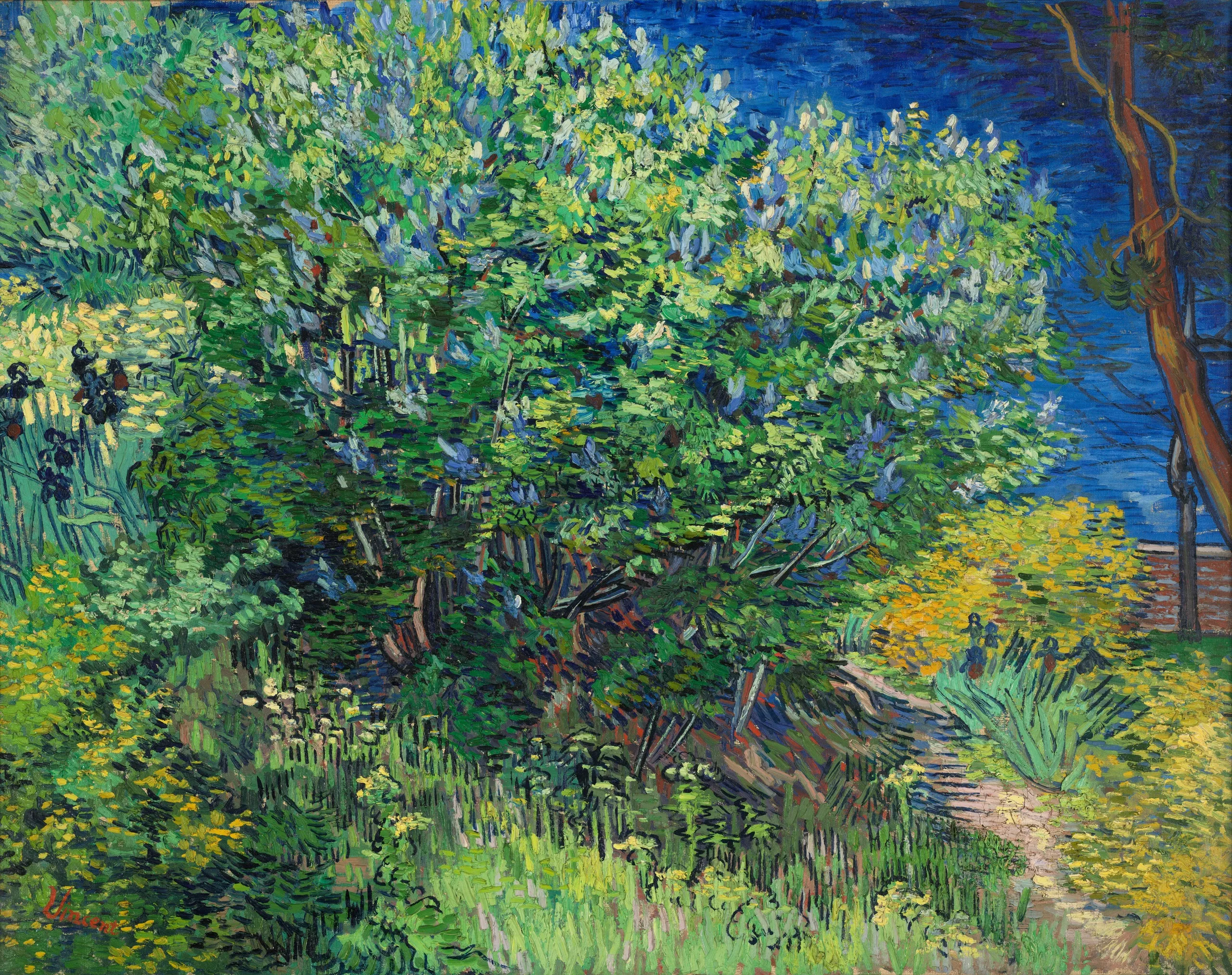 Vincent van Gogh – Lilac Bush – the 1889 original in the State Hermitage Museum, a lilac bush in flower with irises, a tree trunk and blue sky – oil on canvas