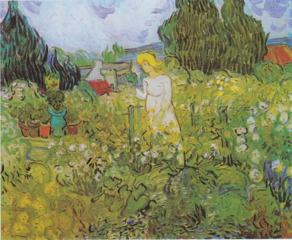 Vincent van Gogh – Marguerite Gachet im Garten – das Original von 1890 im Musée d'Orsay, eine junge Frau in Weiß zwischen Blumen in einem Garten – Öl auf Leinwand