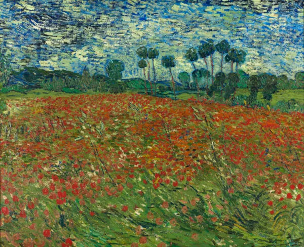 Vincent van Gogh – Mohnfeld – das Original von 1890 im Kunstmuseum Den Haag, ein Feld mit rotem Mohn unter wirbelndem blauem Himmel mit hohen Bäumen am Horizont – Öl auf Leinwand