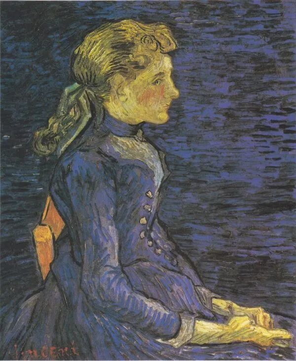 Vincent van Gogh – Porträt von Adeline Ravoux – das Original von 1890 in einer Privatsammlung, ein Mädchen im Profil in blauem Kleid vor blauem Grund – Öl auf Leinwand
