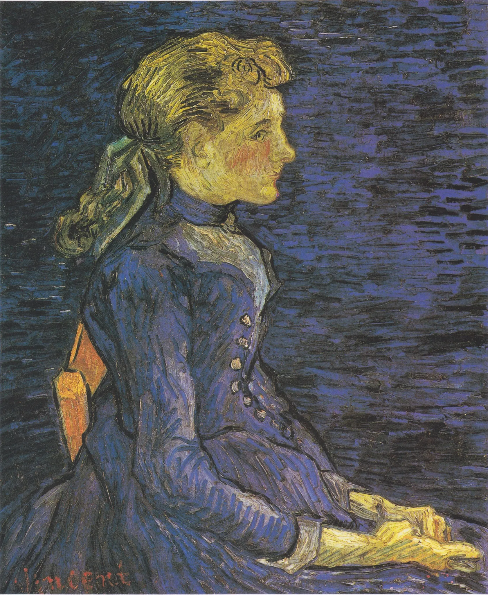 Vincent van Gogh – Porträt von Adeline Ravoux – das Original von 1890 in einer Privatsammlung, ein Mädchen im Profil in blauem Kleid vor blauem Grund – Öl auf Leinwand