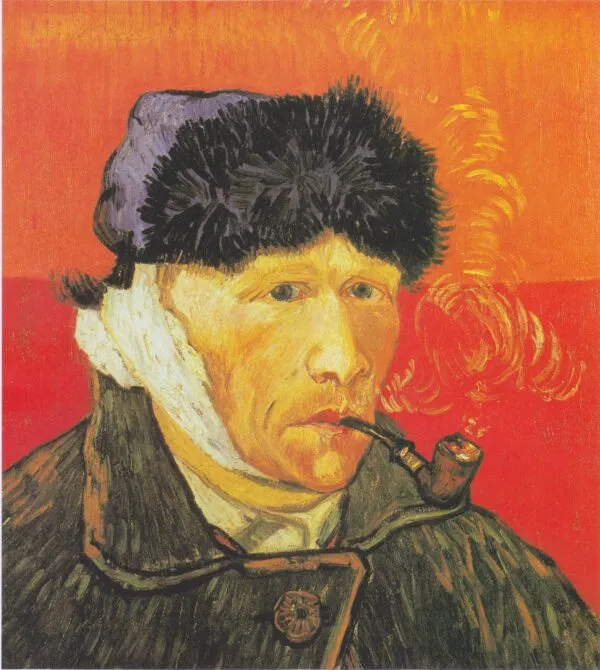Vincent van Gogh – Self-Portrait with Bandaged Ear and Pipe – the January 1889 self-portrait in a fur cap with a bandaged ear and a smoking pipe, private collection – oil on canvas