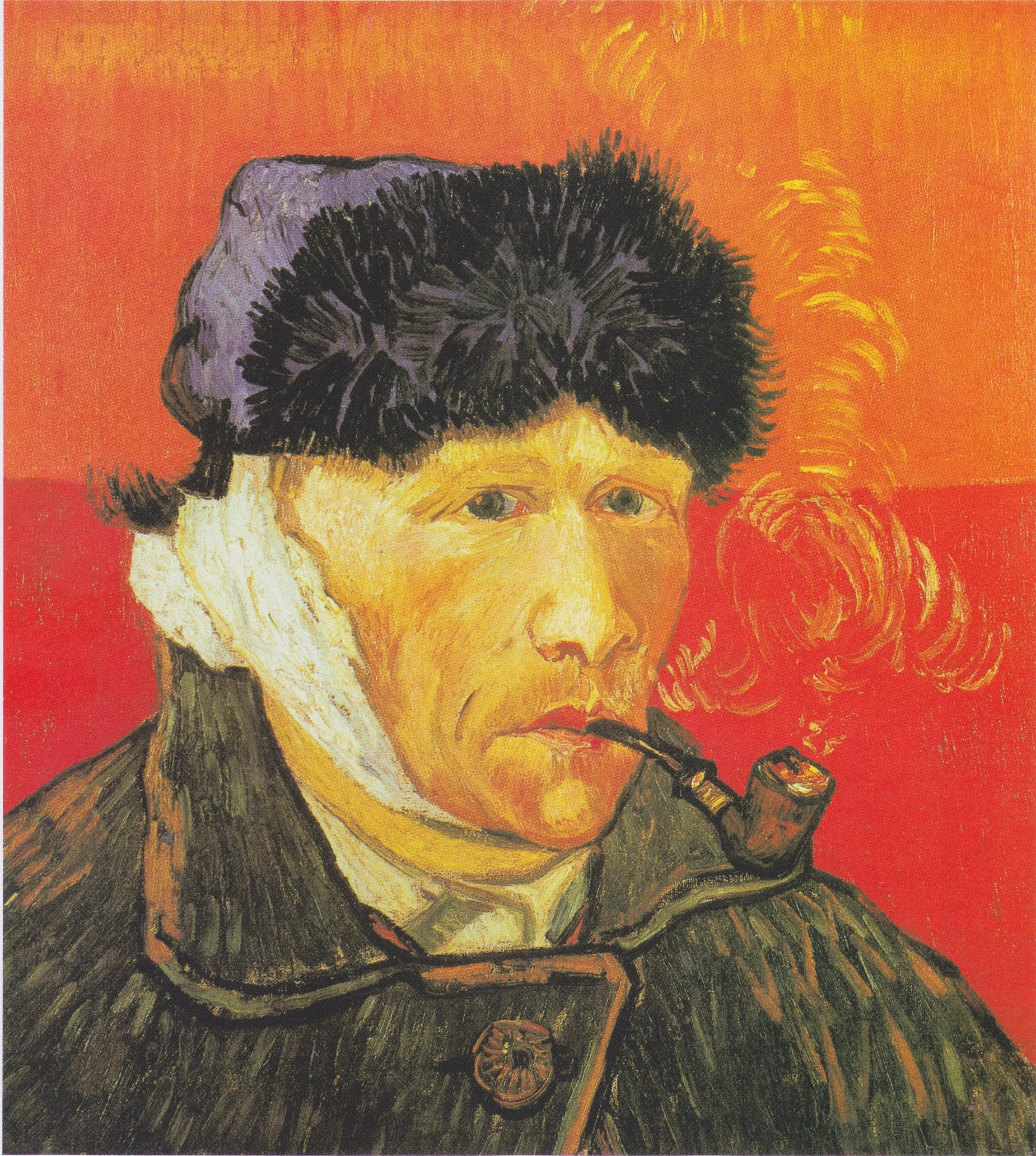 Vincent van Gogh – Self-Portrait with Bandaged Ear and Pipe – the January 1889 self-portrait in a fur cap with a bandaged ear and a smoking pipe, private collection – oil on canvas