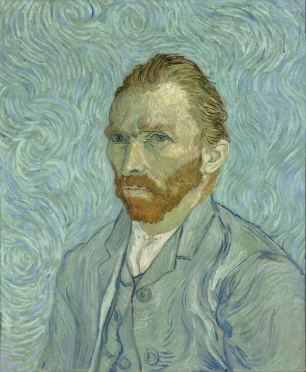 Vincent van Gogh – Selbstporträt mit wirbelndem Hintergrund – das Selbstporträt vom September 1889 im Musée d'Orsay, orangeroter Bart, blaugrauer Anzug, blassblaue Wirbel dahinter – Öl auf Leinwand