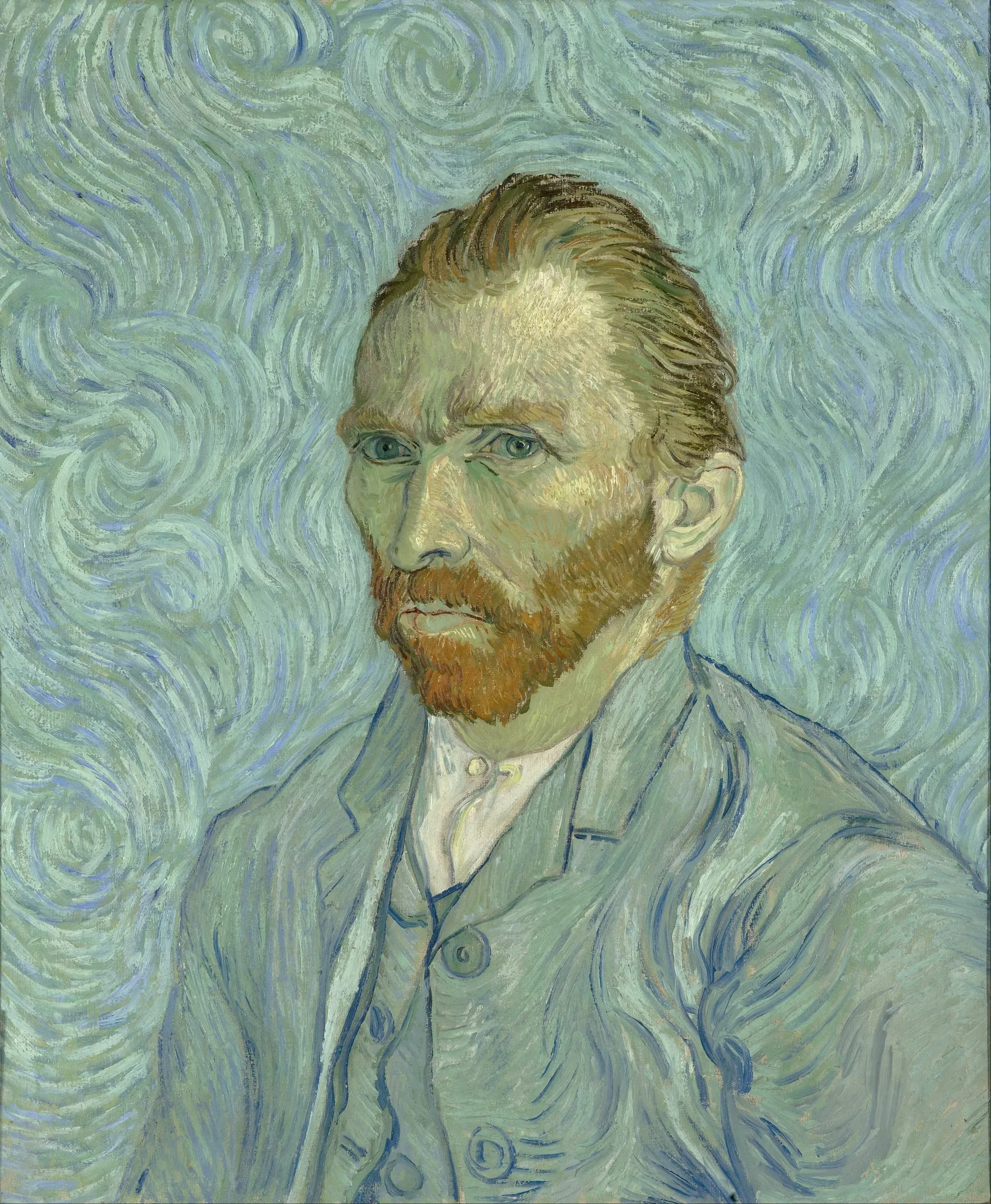 Vincent van Gogh – Self-Portrait with Swirling Background – the September 1889 self-portrait in the Musée d'Orsay, orange-red beard, blue-grey suit, pale blue swirls behind – oil on canvas