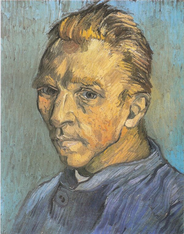 Vincent van Gogh – Self-Portrait without Beard – the clean-shaven self-portrait of September 1889, orange-red hair, blue jacket, blue-green background, private collection – oil on canvas