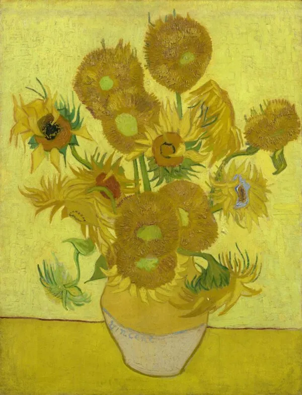 Vincent van Gogh – Sonnenblumen (Amsterdamer Fassung) – das Original vom Januar 1889, fünfzehn Sonnenblumen in einer Vase mit der Signatur Vincent vor einer gelben Wand, Van Gogh Museum, Amsterdam – Öl auf Leinwand