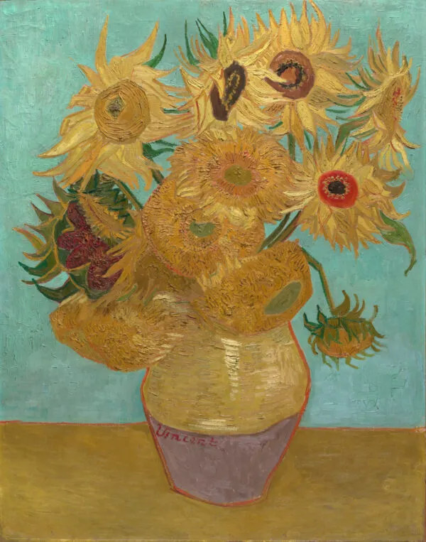 Vincent van Gogh – Sonnenblumen (Philadelphia-Fassung) – das Original von 1889 im Philadelphia Museum of Art, zwölf Sonnenblumen in einer gelb-lila Vase vor türkisfarbenem Grund – Öl auf Leinwand