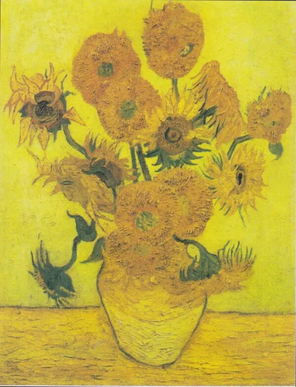 Vincent van Gogh – Sonnenblumen (Tokioter Fassung) – das Original im Sompo Museum of Art, Tokio, fünfzehn Sonnenblumen in einer schlichten Vase vor gelber Wand – Öl auf Leinwand