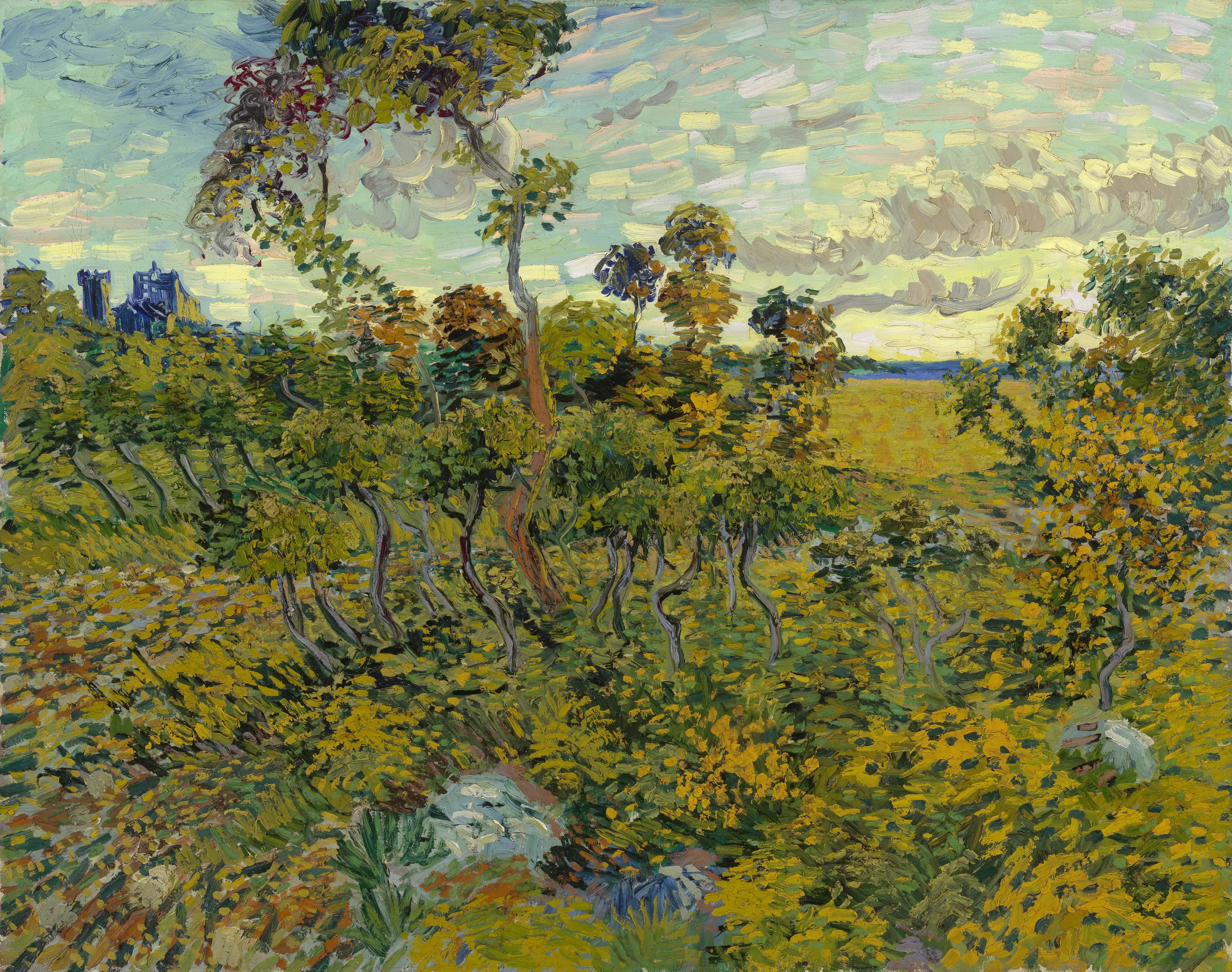 Vincent van Gogh – Sunset at Montmajour – the 1888 original in a private collection, scrub, trees and the ruins of Montmajour Abbey – oil on canvas