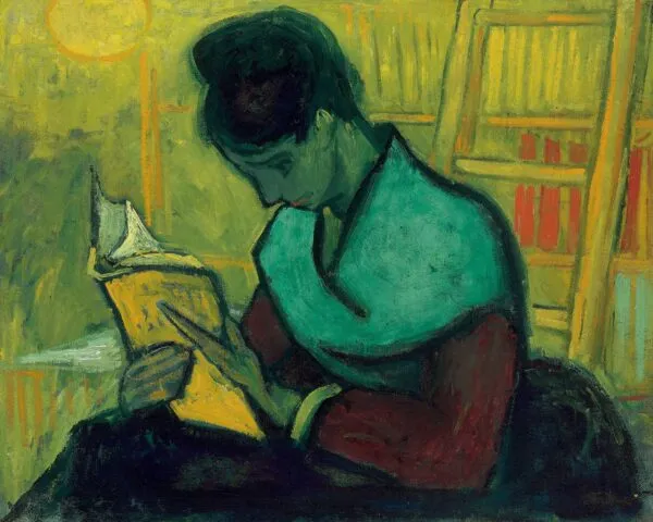 Vincent van Gogh – Die Romanleserin – das Original von 1888 in einer Privatsammlung, eine Frau im Profil liest ein gelbes Buch vor Bücherregalen – Öl auf Leinwand