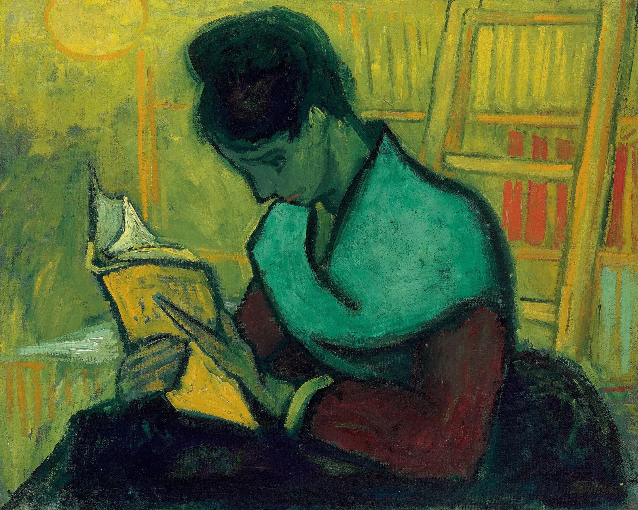 Vincent van Gogh – Die Romanleserin – das Original von 1888 in einer Privatsammlung, eine Frau im Profil liest ein gelbes Buch vor Bücherregalen – Öl auf Leinwand