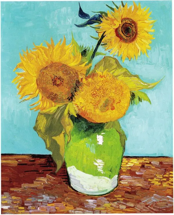 Vincent van Gogh – Drei Sonnenblumen in einer Vase – das Original von 1888 in Privatbesitz, drei Sonnenblumen in einer grünen Vase vor türkisfarbenem Hintergrund – Öl auf Leinwand