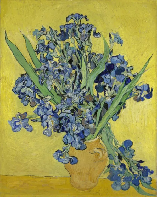 Vincent van Gogh – Vase with Irises Against a Yellow Background – the 1890 original, Van Gogh Museum, Amsterdam – oil on canvas
