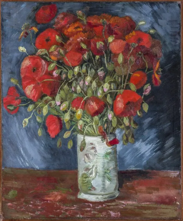 Vincent van Gogh – Vase with Red Poppies – the 1886 original, Wadsworth Atheneum Museum of Art, Hartford, Connecticut (USA) – oil on canvas