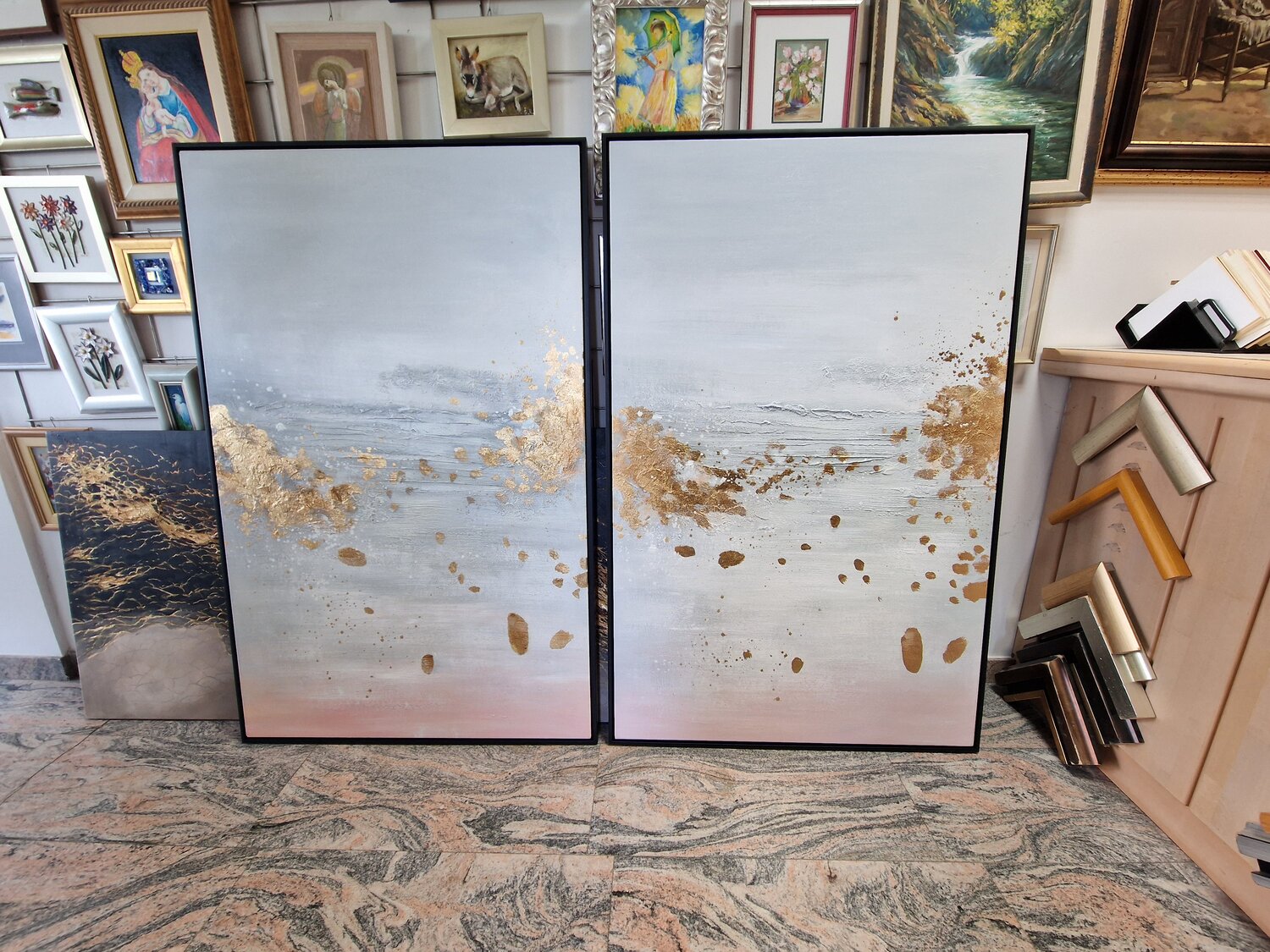 Golden Drops – two canvases side by side, leaning against the workshop wall, in a frame you can choose as an option